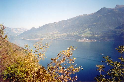 Blick auf die Südseite des Walensees, mit dem Ort Murg